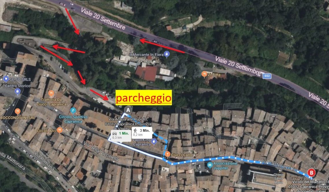 Map showing the free parking area on Via 20 Settembre and the walking route to Casa Van Lente